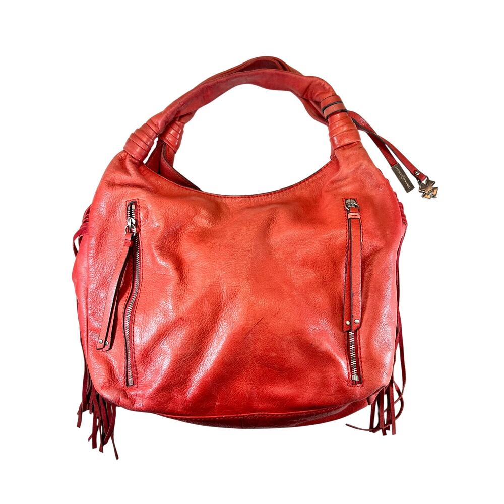 Lucky Brand Coral Red Soft Leather Hobo Shoulder Bag – Fringe & Zip Detail